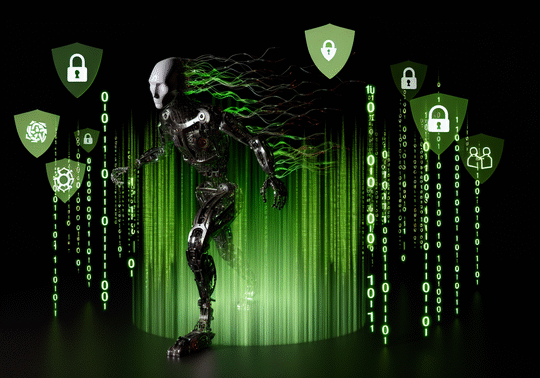 alt_text: Cover for "AI-Powered Cyber Attacks" featuring a menacing AI, binary code, and defense icons.