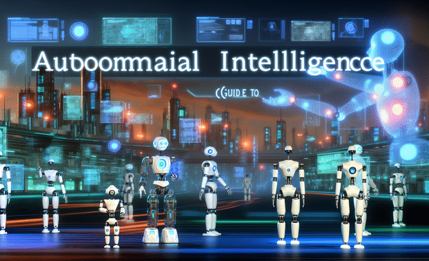 alt_text: Futuristic cover for AI guide, featuring robots, cityscape, and bold title, embodying innovation.