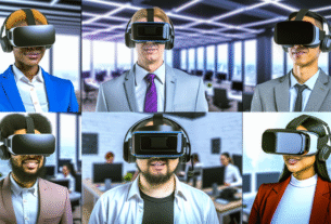 alt_text: Futuristic office with diverse professionals using AR/VR tech to enhance collaboration and innovation.