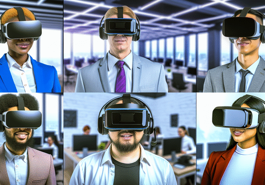 alt_text: Futuristic office with diverse professionals using AR/VR tech to enhance collaboration and innovation.