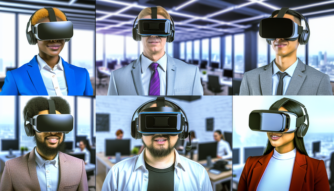 alt_text: Futuristic office with diverse professionals using AR/VR tech to enhance collaboration and innovation.