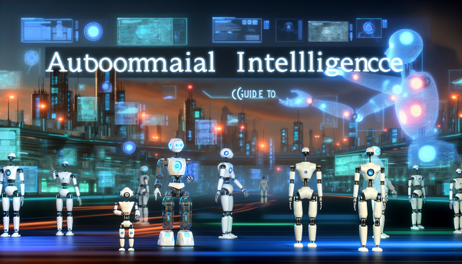 alt_text: Futuristic cover for AI guide, featuring robots, cityscape, and bold title, embodying innovation.